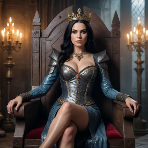 A medieval queen with black hair, MILF, stern gaze, crown, sitting on a throne, large breasts, overknee-boots
