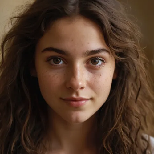 beautiful brunette 20 year old with cute big eyes, mild freckles and pimples, interesting face, unusual face, some blushing, think faded lips, nubian nose, very longhair, rough messy hair, brown eyes, nice smile, cute ears, (white pale skin:.8)