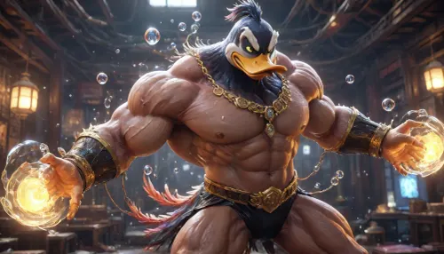 Kyoto Animation stylized anime mixed with tradition Chinese artworks~ A beastly muscular Donald Duck, color black latex, look below at viwer, (male), at modern cyberpunk fantasy world. Cinematic Lighting, ethereal light, intricate details, extremely detailed, incredible details, full colored, complex details, insanely detailed and intricate, hypermaximalist, extremely detailed with rich colors. masterpiece, best quality, aerial view, HDR, UHD, unreal engine. plump looking at the camera, smooth thighs, (glittery jewelry), ((acrylic illustration, by artgerm, by kawacy, by John Singer Sargenti), dark Fantasy background, glittery jewelry, Representative, fair skin, Rich in details High quality, 8k, super detail, gorgeous light and shadow, detailed decoration, detailed lines), CL_4Guardians, bestialy, (((extremely beastly muscular Donald Duck, color black latex))), Rosefinch, Giant_Tortoise, Kylin, cinematic ambient lighting, masterpiece, ((((extremely realistic detailed lighting, extremely realistic detailed shadows, extremely realistic detailed skin texture, extremely realistic detailed skin pores, extremely realistic detailed micro fur, extremely realistic detailed air bubbles, extremely realistic detailed attack position body, extremely realistic detailed attack face, best quality, ultra-detailed, HDR, sharp focus, highest resolution:1.4)))), <lora:CL_4Guardians_XL_v1:2>, <lora:436263_training_data:2>, <lora:niohxlguardiansprt-step00000420:2>, <lora:zqhb:2>, <lora:BubbleXL:1.1>