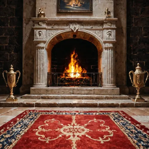 Cinematic quality, wide-angle shot, wall of an ancient castle, fireplace burning, carpet on the floor, trophy board above the fireplace, torches burning on the sides, hole in the board, only head and breasts of a naked woman sticking out of the hole, naked woman stuck, only head and breasts visible