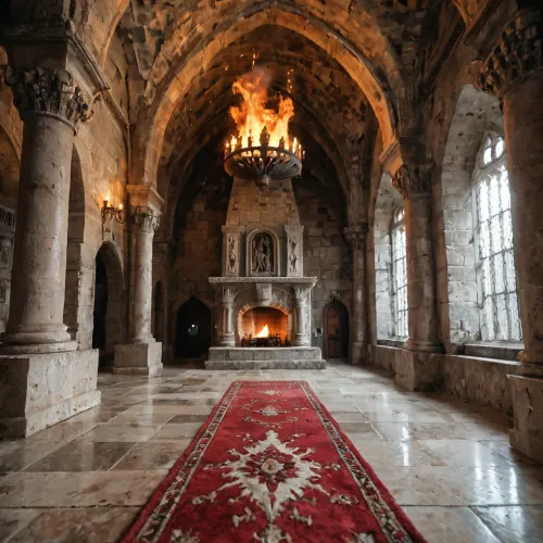 Cinematic quality, long shot, wide angle, a hall of an ancient castle, a large fireplace burning, a carpet on the floor, torches burning on the stone wall, hole in the wall above the fireplace, torches on the sides, a naked woman stuck in the hole up to her chest, only her head and chest are visible