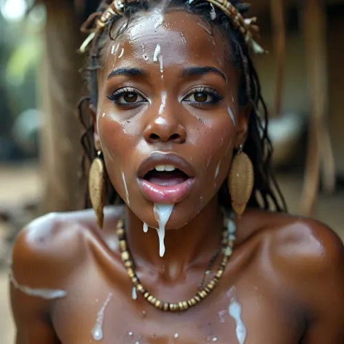 30 year old female ancient africa tribal queen, covered in thick white realistic cum, sexy expression, orgasm, orgasm face, Mouth half open, tongue on lip, eyes half closedwoman, cum, on, face, <lora:MJ52:.3>, <lora:BUT_SDXL_SHS:1.3>, <lora:add-detail-xl:.7>, <lora:CinematicStyle_v1:2>, <lora:JustCum:1.5>