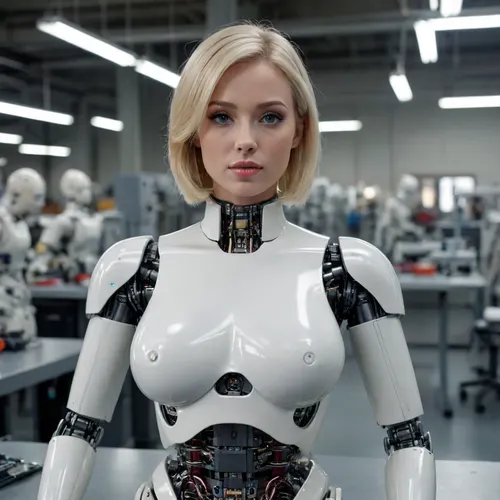 busty blonde robot being on lab table in robot factory