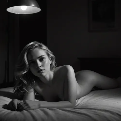 In a modern loft, (black and white photography), very contrasting light, romantic atmosphere, in a dark corner, a wonderful thin 25 year old woman lying near lamp, posing naked, blonde, unbuttoned shirt, she remains in the darkness, curled up on herself, watching at us, raw, eyes, perfecteyes, dark, theme, epiCNegative, beautypinupart, 1girl, great, lighting, Movie, Still, Film, Cinematic, Shot, Lighting, <lora:Her_Eyes:1.2>, <lora:PinupManiaXL_V1.0:.8>, <lora:WildcardX-XL-Detail-Enhancer:.8>, <lora:great_lighting:.8>, <lora:JuggerCineXL2:.8>