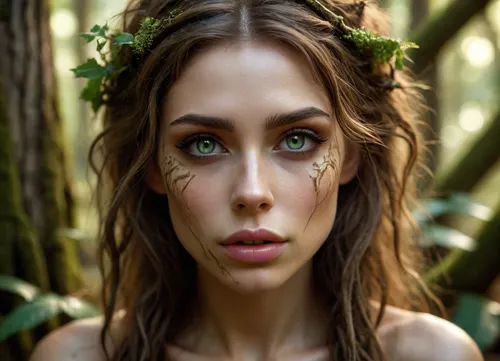 Realistic fantasy portrait of a dryad, a spirit of the forest. Her body is covered with natural bark patterns that look like a second skin — smooth, flexible, and seamlessly grown from her form. Subtle lines of moss and veins of green light run beneath the surface, giving her a living, organic appearance. Her eyes reflect forest light, and her hair flows like fine roots mixed with leaves. The background shows a softly lit woodland filled with warm golden rays. SFW, fine art concept art, cinematic realism, detailed textures, serene expression, nature spirit theme., smoking, smoke, coming, out, of, the, mouth, <lora:Smoking_Babes_XL_V2:.8>