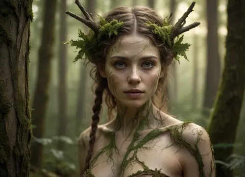 Realistic fantasy portrait of a dryad, a spirit of the forest. Her body is covered with natural bark patterns that look like a second skin — smooth, flexible, and seamlessly grown from her form. Subtle lines of moss and veins of green light run beneath the surface, giving her a living, organic appearance. Her eyes reflect forest light, and her hair flows like fine roots mixed with leaves. The background shows a softly lit woodland filled with warm golden rays. SFW, fine art concept art, cinematic realism, detailed textures, serene expression, nature spirit theme., novuschroma38, style, <lora:CBS_novuschroma38 style:.8>