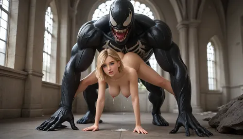 Gwen Stacy, (Multiverse), half naked, ripped spiderman costume, giant bulge belly, sprayingmilk lactation, lactation, standing position, from behind, leg spreded, Venom anal sex