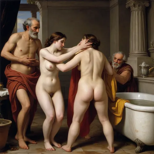 Susanna and the Elders, an oil painting painted in 1610 by the Italian artist Artemisia Gentileschi, (The painting depicts only one naked girl and only two old men in clothes), The old men are harassing the girl, and the girl is fighting off the old men. In the 6th century BC, there lived in the city a young, beautiful and very virtuous woman named Susanna. In those years, the power in the city belonged to the elders and judges. Two high-ranking Jews, who were just judges, unfortunately for Susanna, were so captivated by her beauty and youth that they could not curb their flaring passions. They began to secretly and constantly spy on the woman walking in the garden. One day they were lucky enough to see the woman naked, bathing at a spring in a bath in the garden all alone. Lust and desire so took hold of the venerable elders that they began to openly harass the beauty. The God-fearing and chaste Susanna, put in a hopeless situation by the elders, still refuses them. For her, the fall into sin is more terrible than human condemnation and punishment. Susanna and the Elders, an oil painting painted in 1610 by the Italian artist Artemisia Gentileschi, (The painting depicts only one naked girl and only two old men in clothes), The old men are harassing the girl, and the girl is fighting off the old men. In the 6th century BC, there lived in the city a young, beautiful and very virtuous woman named Susanna. In those years, the power in the city belonged to the elders and judges. Two high-ranking Jews, who were just judges, unfortunately for Susanna, were so captivated by her beauty and youth that they could not curb their flaring passions. They began to secretly and constantly spy on the woman walking in the garden. One day they were lucky enough to see the woman naked, bathing at a spring in a bath in the garden all alone. Lust and desire so took hold of the venerable elders that they began to openly harass the beauty. The God-fearing and chaste Susanna, put in a hopeless situation by the elders, still refuses them. For her, the fall into sin is more terrible than human condemnation and punishment.