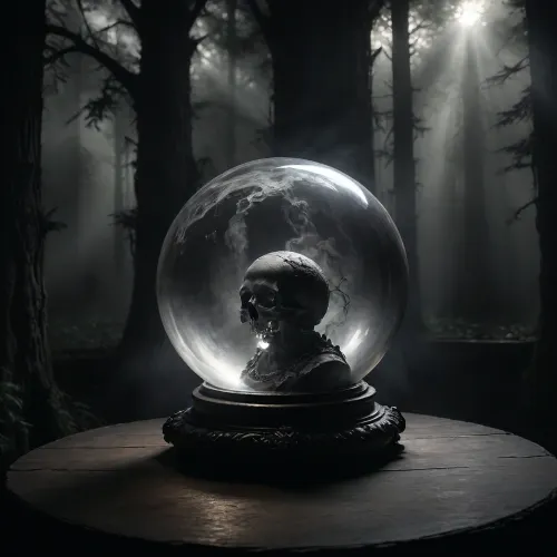middle age, close-up of a beautiful, large crystal ball belonging to a gypsy fortune teller on a small wooden old table with, (a projection inside the crystal ball of a detailed:1.5), highly detailed image, Double exposure, blurred background, next to single skull with candle on top, surrounded by a dark dusty forest, an mystic black castle, cloudy, smoke, atmospheric, clouds, fog, Black, and, white, art, black, pencil, shading, charcoal, drawing, toned, paper, brutal, dark, b/w, color, scheme, <lora:add-detail-xl:1.1>, <lora:Cloudy_Style:1.5>, <lora:Black and white art.V1:1.8>, <lora:dark:.3>