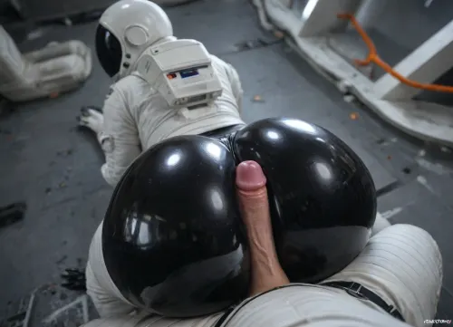 ((no face, white astronaut suit:1.3)), 5 fingers, (big ass, hyper butt:1.12), ((black rubber skin:1.45)), (mirrow astronaut helmet), assjob, (((dynamic angle view, small cock, buttjob, male pov))), night, claws, ((Open clothing)), curvy figure, female, gloves claws, purple glowing Metallic anus, pressing butt, gloves, outie, navel, voluptuous body