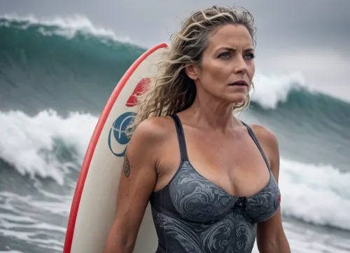 ultra-realistic, 8K HD, thick 50-years old woman, detailed face, detailed hair, deep grey eyes, large breasts, surfing on a big wave, (tattooed:.5), side view, full-length photo, looking to the viewer