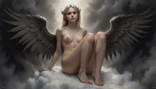 A very detailed sexy, blonde, skinny and flat-chested angel with detailed huge angel wings sits lasciviously on a cloud, perfect hands, perfect face, perfect legs, perfect feet, longing view, silent smile, camel toe, from, below, shoes, delicate, detailed, eyes, cameltoe, Gustave, Doré, Style, page, Black, and, white, art, black, pencil, shading, charcoal, drawing, toned, paper, brutal, dark, b/w, color, scheme, <lora:Cloudy_Style:.5>, <lora:underanglexl16:1.7>, <lora:cameltoe XL:.8>, <lora:Gustave Dore Style:1.6>, <lora:Black and white art.V1:1.4>