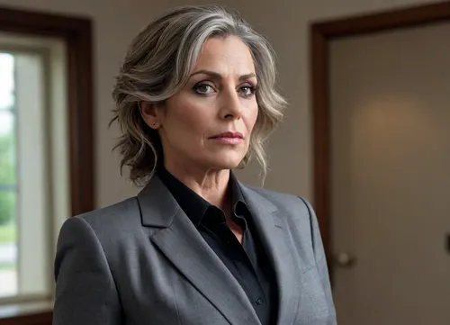 ultra-realistic, 8K HD, thick 50-years old woman, detailed face, detailed hair, deep grey eyes, large breasts, weraing business suit, clravage, (tattooed:.5), side view, full-length photo, looking to the viewer