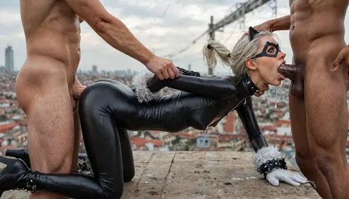 Black Cat from Marvel, 20yo, young beautiful detailed face, realistic, (ultra HD quality details), ((Wearing tight black spandex full sleeve front zipper bodysuit)), (white fur shoulder lining, white fur accentuating breasts, white fur wrist lining, thigh-high black boots, white gloves, black domino cat mask to conceal identity, black choker), athletic, (very natural perfect large perky shapely breasts:1.1), deep cleavage, flat belly, very green eyes, ((long white hair)), gymnast body, skinny, thin waist, thigh gap, sexy pose, ((perfectly round bubble butt)), standing on a rooftop, (naughty smile:1.1), ((Hyper realistic)), (ultra HD image), 8k, UHD, super high quality, super high resolution, extremely detailed, perfect face, perfect eyes, (man is choking her from behind:1.4), ((hogtied, bound for sex, tied up)), (black eyes), (pale skin:1.3), cock in mouth, (brutal face fuck), Blowjob, (tears in eyes:1.5), (running makeup), (cum drips from nose:1.3), (cum drips from mouth:1.3), ultra hd, photorealistic, hyper gigantic large black cock in mouth, (((hyper gigantic large black cock in mouth:1.3))), oral cream pie, hair grab, sad, sad crying, tongue out, gasping for air, highly detailed, high resolution, perfect lighting, natural lighting, holding head, deepthroat, black spiked pet collar with leash, tied up in chains, hands behind back, (anal:1.5), (masterpiece:1), hard nipples, hourglass waistline, perfect anatomic body, anal spitroast, gagging on cock, (pulled nipples:1.2), nipple clamps, spitroast, wide eyes, throat bulge, puffy cheeks, (large cock in mouth:1.12), screaming, shocked, tearful, deep anal penetration, Uber realistic, ultra detailed, masterpiece, arched back, detailxl, 35mm photograph, film, professional, 4k, 1girl, 5 boys, hdr, photographic, ultra realistic, ultra high details, back light, (front view), (dynamic pose), best quality, with large muscular black men, gargantuan black cocks, anal sex expansion, large hyper muscular black men, interracial gangbang, (interracial sex), swollen black veiny cocks, (double anal penetration), hardcore double penetration, proper physics, big black cocks, muscular black interracial gangbang, (forceful penetrations), extremely graphic, beautiful hands, massive cum in ass, (side view), realistic lighting, soft shadows, high detail, hyperrealistic, 8K, BadX, porn photoshoot, detailed skin, on the roof, steam locomotive, steampunk, fog, steam, blushing, DETAILED background, spectacular lighting, (eyes wide open in horror:1.24), (wide mouth spreader:1.5), (pleading expression:1.18), (terrified:1.12), (crying:1.12), (fear and panic:1.18), UHD 8K, (full body photograph:1.1), Movie, Still, Film, Cinematic, Shot, (huge dick), (creamy deep deepthroat:1.12), (extreme oral sex:1.4), (huge massive white dick:1.4), (cum), (hands pulling hair hard), Lighting, <lora:detailed_notrigger:2>, <lora:add-detail-xl:2>, <lora:677862_training_data:2>, <lora:LCMTurboMix_Euler_A_fix:2>, <lora:JuggerCineXL2:2>