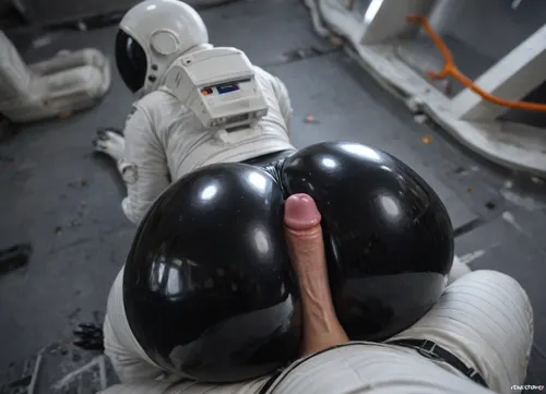 ((no face, white astronaut suit:1.3)), 5 fingers, (big ass, hyper butt:1.12), ((black rubber skin:1.45)), (mirrow astronaut helmet), assjob, (((dynamic angle view, small cock, buttjob, male pov))), night, claws, ((Open clothing)), curvy figure, female, gloves claws, purple glowing Metallic anus, pressing butt, gloves, outie, navel, voluptuous body