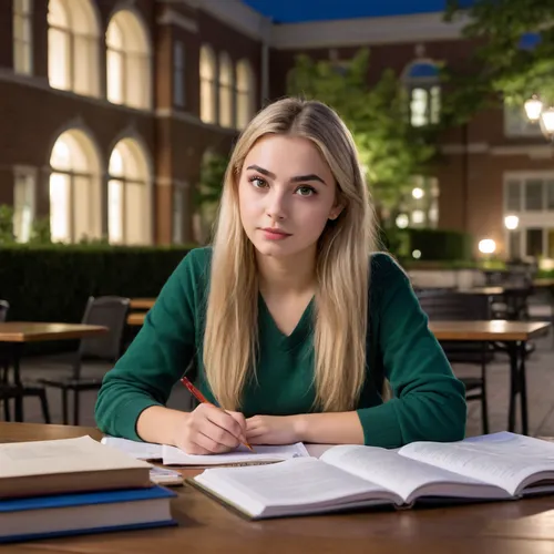 Preparing for exams on campus. Create an image with the following characteristics, "Preparing for evening exams on campus, " Character, College student, Background, Campus, Activity. A woman with large green eyes, defined eyebrows, slightly full lips, a delicate nose, and long, straight, blonde hair sits at a table with many books and a coffee, preparing for exams in the campus courtyard. Behind her, the university campus is visible at night.