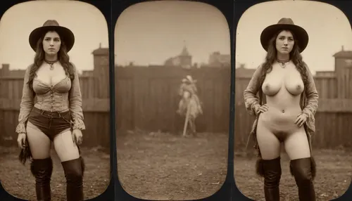 1870s, (((1870s beautiful female cowgirl))), amateur model, beautiful face, amateur photo, brunette hair, attractive, 28 years old, (((picture taken with Daguerreotype camera:1.5))), (large natural boobs:1.1), natural boobs, (hairy pussy:1.4), (full body in view), straight hair, ponytail hairdo, (same person, same pose, same angle), (2Split screens, 2split views, onoff:1.2), (wearing 1870s cowgirl outfit), (western town background), BREAK, <lora:OnoffXL_ExtraCrispy:1.1>