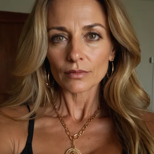 sexy mature, 45 years old, thin, dark blonde long hair, glamour, necklace, hoop earrings, sexy looking black eyes, saggy small tits, sexy selfie, horny selfie