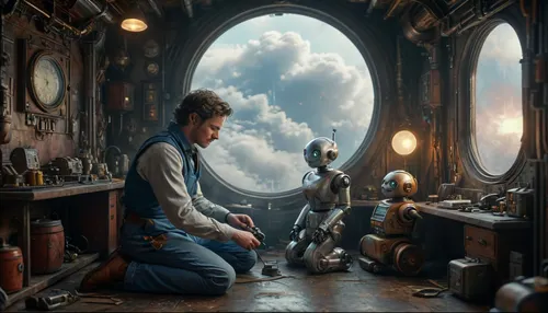 Star Wars style, (Steampunk:1.4), (Full body view:1.3), a chubby, friendly male mechanic in blue overalls kneels on the floor of his messy and futuristic workshop, repairing a small toy robot to the great delight of his work robot next to him, (cute work-robot:1.3), work-robot watches attentively as his toy is repaired. various perspectives, various futuristic backgrounds, elaborate details, highly detailed, breathtaking, panoramic, cinematic, (3D, Framed, Woman), Macabre, cloudy, smoke, atmospheric, clouds, fog, anchespaceroom, cyberbotgilzv1, <lora:MJ52:.9>, <lora:Cloudy_Style:.4>, <lora:Anchespaceroom-V1:1.1>, <lora:CyberBotGilzV1:.8>