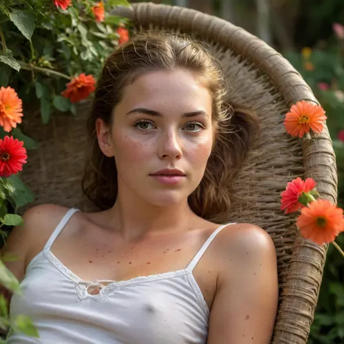 A beautiful English woman, lays asleep on her side on a round wicker chair, she is sideways in the picture frame, horizontal, facing the camera, in a beautiful cottage garden, dripping with bright flowers, thatched cottage in the background, all bathed in the warm golden hues of a breathtaking sunset, (perfect face:1.5), (perfect nose), wearing a red short sleevedT-shirt, fully clothed, gentle sunset light filter through the leaves, visible freckles, very freckleld. sun-kissed skin, looking at the camera. hair pulled back into a short, ponytail, slicked back hair. Very sweaty, the sunset makes her skin glimmer, suntan lines visible. Hollywood’A lister’ looks. Sun kissed face., hint of a smile, Detailed face and eyes., Extreme close up of her face, <lora:Midjourney Image Enhancer XL v1:1.5>, <lora:bralessSDXL_v1_00022:1>, <lora:lora-sdxl-perfect-eyes:2>