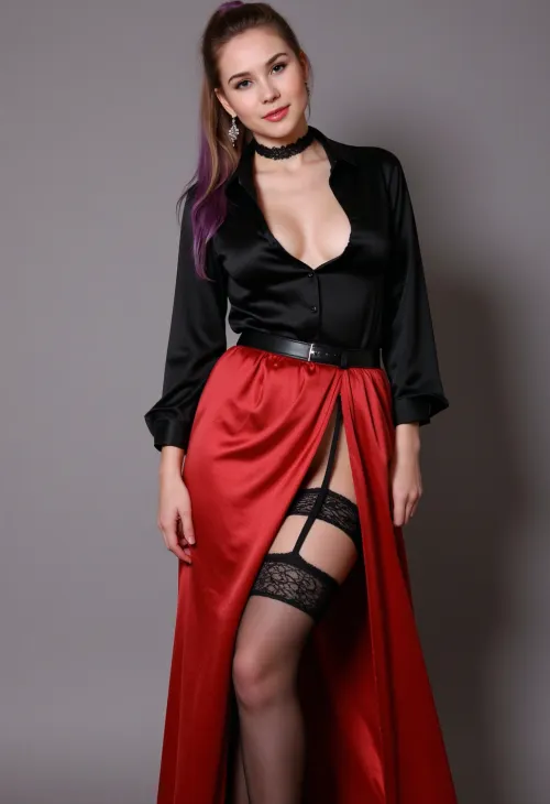 black silk blouse with a low neckline and a subtle sheen to it the fabric is so fine, wearing a delicate and intricate red lace bra, knee length flowing red silk skirt with a subtle slit up the side, wearing a pair of black lace stockings, with a garter belt, i have on a pair of black, high heels, that will make me tower over you, and make you feel submissive red lipstick, choker, large breasts, noir, office, british, ponytail, diamond earrings, white and purple hair