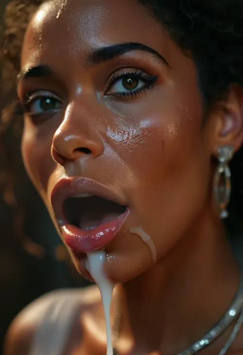 portrait of 40 year old female slave of pharao, Egyptian beauty, Arabian face, nubian face, ebony face, covered in thick white realistic cum, sexy expression, orgasm, orgasm face, Mouth half open, realistic cum in her mouth on her tongue. tongue on lip, eyes half closedwoman, cum, on, face, pleasure on her face, realistic teeth, <lora:MJ52:.3>, <lora:BUT_SDXL_SHS:1.3>, <lora:add-detail-xl:.7>, <lora:CinematicStyle_v1:2>, <lora:JustCum:1.7>