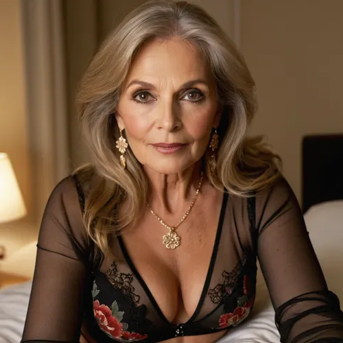 sexy granny mature, 65 years old, thin, dark blonde, long hair, glamour, necklace, hoop earrings, sexy looking black eyes, very smoked make up eyes, saggy small tits, sexy selfie, horny sexy selfie, picture from the top, very sexy long sleeve lingerie flowered black, tan skin, she is saying "please fuck me"
