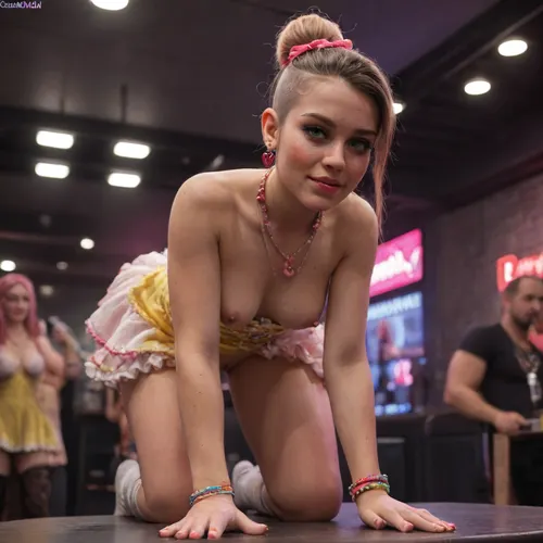 black wave hair, close up, (black color:1.3), hair up with hair accessory, (girl is wearing candydoll dress:1.3), (red color:1.3), (wearing candydoll necklaces outfit:1.3), (white color:1.3), (standing girl on doggystyle_way knees on top of a stripper_table and flashing white panty in the nightclub and looking at viewer:1.3), (side_way and flashing shaved pussy:1.3), (blue color:1.3), blushing, (middle viewer view:1.3), (freckles on face:1.3), (yellow color:1.3), ((4K 8K HD HQ DETAILED_face:1.3)), (bright colors:1.3), (one girl:1.3), (green color:1.3), (one_side_nipple out:1.3), (detail manicure:1.3), (wearing candydoll bracelets and necklaces outfit:1.3), ((4K 8k HD HQ DETAILS:1.3)), (wearing stocking opaque long up to middle legs socks:1.3), (sideway view:1.4), (solo:1.3), (SIDEpussy:1.3)