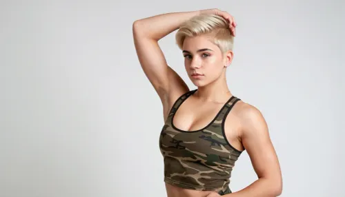 full body view of a cute 18-year old boy, feminine, short blonde hair with undercut, super tight fit camo tank top, curvy, ((armpits)), very large pectoralis major muscle, (((cute round feminine face))), plain white background, ((boobs)), dominant look