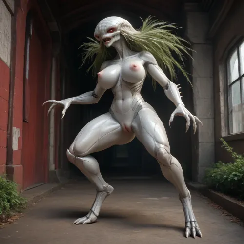 sexy alien female, in her spaceship, metallic silver skin, (massive big boobs:1.5), her pussy looks like a carnivore plant, full body