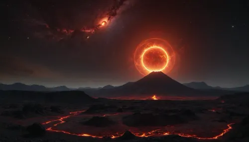 4d makro, Sharp mountains, big lake of lava, spiral galaxy in the sky, high mountains, the height of the mountains is 20 kilometers, huge sharp stones, lava slowly flows from the mountains, glow plasma streams, huge Jupiter with moons, several moons, galaxy, bright stars, dramatic sky, huge crater, rocky field, sharp mountains, there is no one around, no girls, no people, no animals