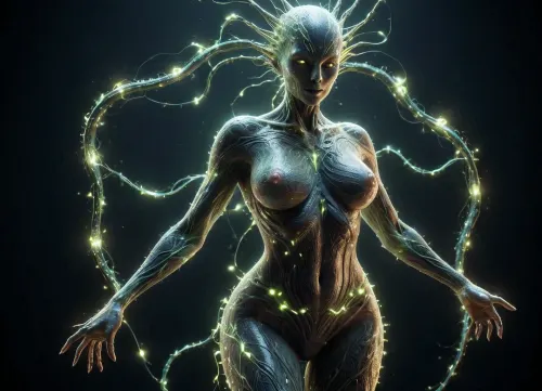 Naked stunning sexy hot hybrid female alien, intricate black patterns on her body, ready to spring into action, extra curvy alien body, obese, covered in Green sperm, alien tail, (4 alien breasts:1.2), naked human male behind her, style, INFO, futuristic, alien, science, fiction, 3N3RGY, made, of, electricity, and, sparkle, light, <lora:XLFuturisticAlienV1E11:.8>, <lora:Energy_-_World_Morph:1.9>