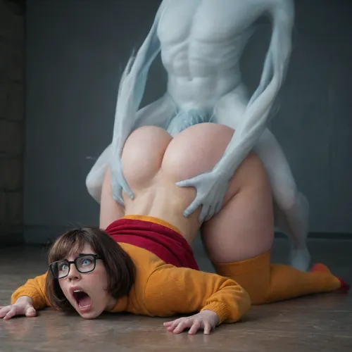 velma, glasses, ass up head down, round ass, heart shaped ass, juicy ass, thick thighs, thigh high socks, ass fucked from behind by a ghost, (screaming, in pain, pain expression, shocked, eyes open wide:1.5), rough anal sex, hands on waist, deep anal penetration, (gigantic massive veined ghost cock:1.4), anatomically correct, front view, side view, fucktoy