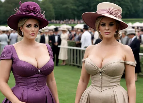 masterpiece, best quality, photorealistic, two, (very attractive middle aged), (busty:1.6), sisters standing at Royal Ascot in, ((fancy dresses)), and fancy hats, NEGATIVE_HANDS