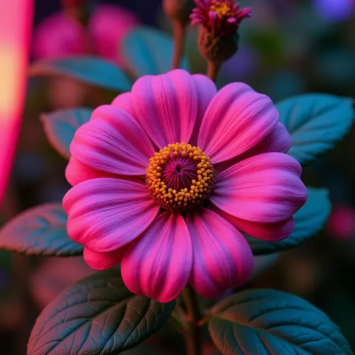 A macro photography of {Vibrant color flower, vibrant color grading, cinematic shot, dynamic lighting, 75mm, Technicolor, Panavision, cinemascope, sharp focus, fine details, 8k, HDR, realism, realistic, key visual, film still, cinematic color grading, depth of field.}, close-up / extreme close-up, magnified, shallow depth of field, novuschroma70, style, noc-glowingneon, glowing, neon, <lora:noc-glowingneon:.8>