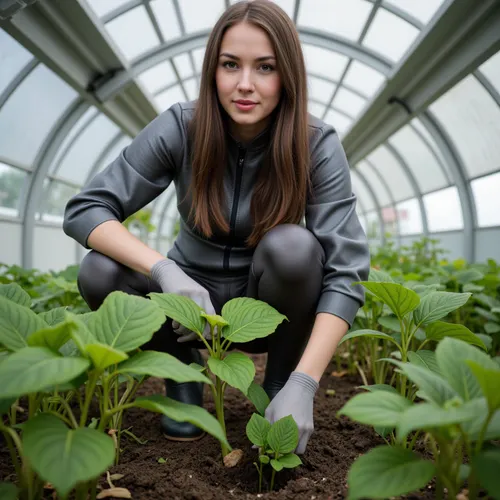 Photorealism, photorealistic, realistic, {a woman in a tight-fitting metallic jumpsuit grows seedlings, planted in a module that is clearly drawn, very creative, spaceship creative and cool, beautifully drawn}, lifelike, highly detailed, ultra-realistic, cinematic lighting, 8K