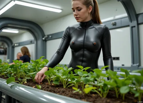 Photorealism, photorealistic, realistic, {a woman in a tight-fitting metallic jumpsuit grows plants, having planted seedlings, in a spaceship module, creatively and coolly, beautifully drawn}, lifelike, highly detailed, ultra-realistic, cinematic lighting, 8K