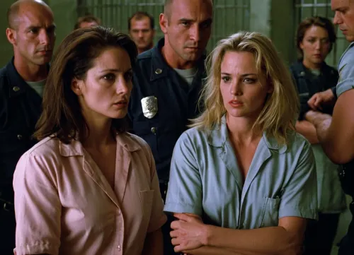 Movie scene, 70mm, Natural Born Killers, film crew, prison riot, female prisoners, sexual abuse, intimidation, manipulation, chaos.