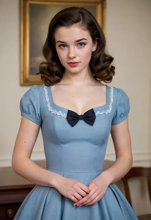Masterpiece, Adorable cute 18 year old with freckles and lots of pimples, (acne:.8), (pimples:.8), long dark brown hair in 1950’s roller hairstyle, bow in hair, 1950’s dress with hoop skirt, thick eyebrows, thin eyelids, wide lips, upturned upper lip, bending forward, visible downblouse, small breasts, hourglass figure, round hips