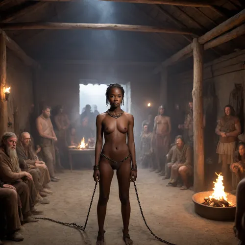 A highly detailed, photorealistic scene set inside a Viking chieftain’s longhouse during the 14th century. The interior is rugged and authentic, with thick, soft animal furs—often sheepskins—spread out as makeshift bedding. Large central fire pits illuminate the space, with a big chimney above to vent the smoke. In the foreground, (a 22 years old and black skinned female African Slave in chains:1.6), has various sex lightly dressed on the furs with several masculine blonde vikings, (viking warriors:1.3), tall and muscular figure, stands by the fire, the silhouettes highlighted by the warm, flickering light. The woman, seen from behind, shows her slender, athletic form as her vagina becomes hard thrusts, The atmosphere is filled with the smoky, dim light of torches on the walls, and the rough-hewn wood of the longhouse adds to the rustic charm. The interplay of light and shadow creates a romantic and intimate mood, capturing the essence of Viking life, The scene is rich in detail, capturing the intensity of the rain and the atmosphere of the night, (ziprealism:1.3), ultra-sharp details, realistic skin texture, refined contrast, 8k detail, authentic facial expression, clean composition, (maximum photo quality:1.4), (maximum resolution:1.5), cloudy, smoke, atmospheric, clouds, fog, onarmor, meatshield, fannypacking, <lora:crowd_notrigger:1.4>, <lora:Cloudy_Style:.8>, <lora:onarmor_xl:.8>