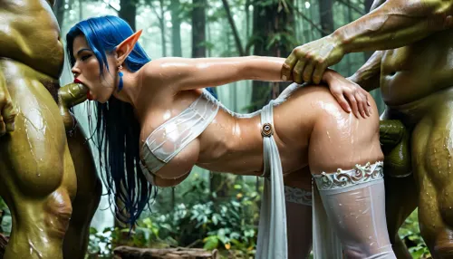 ultra realistic, masterpiece photorealistic, highly detailed, high res, perfect face, beautiful face, cute face, sexy face, long eyelashes, eyeliner, blue eyes, busty lips in red lipstick, big eyes, pointed nose, very curvy body, mature, hourglass figure, massive boobs, very busty, wet skin, seductive looks, long hair, blue hair, ((((elf, white fantasy clothes, pelvic curtain, underboob wet strapless top, white stockings))), young milf, (deep in a dark forest, very dark lighting), (bending over), ((huge orc, behind elf)), (gang bang, spitroast, vaginal sex, blowjob, blowbang, deepthroat)), <lora:igbaddie-XL:1>, <lora:BUT_SDXL_SHS:1>