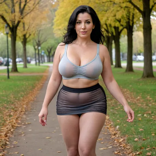 35-year-old MILF with a curvy figure, huge breasts, and black hair, transparent top, no underwear, seamless tights, mini skirt, and sneakers. In the park, <lora:realboobzXL:.8>