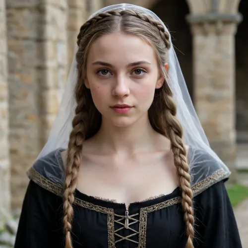 beautiful 20 year old medieval girl, gothic, narrow face, pointed chin, pointed and narrow nose, narrow lips, small eyes, very pale face, slightly sunken cheeks, no makeup, dark blonde hair with braids, a veil on her hair with a small crown, simple plain gothic dress, very thin, small breasts, flat chest, hairy cunt, naturally hairy pussy, full body view, gloomy stone castle