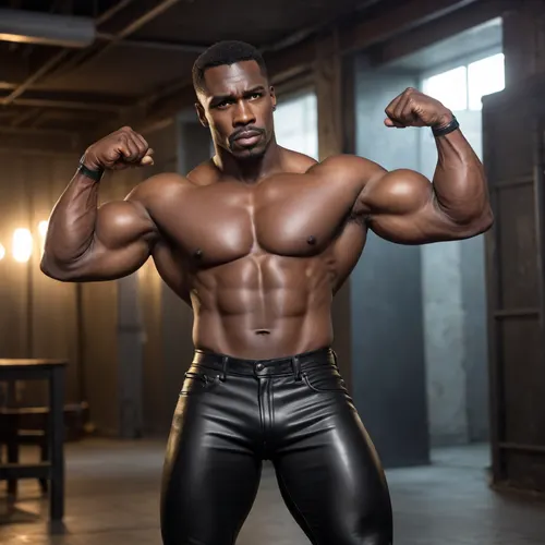 A black bodybuilder in tight black leather jeans in the style of Tom of Finland flexes his biceps