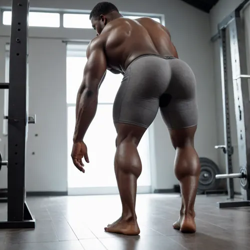 Sexy, tall, and giant muscular black man with realistic body doing squats from behind with big ass in grey small tight shorts
