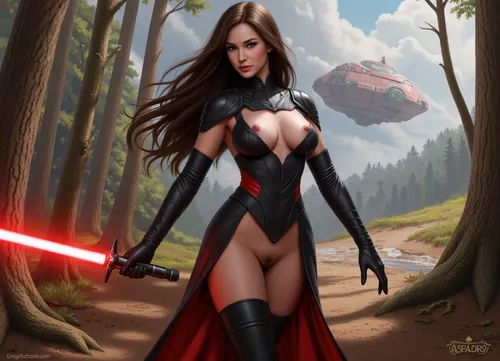 A female mandalorian, sleek revealing black armor with red details, bare skin, forest planet with space ship in the back round, wielding a red lightsaber, d&d, fantasy, highly detailed, digital painting, artstation, sharp focus, fantasy art, illustration, 8k, in the style of greg rutkowski. It's an absolute world-class masterpiece artwork. It's an aesthetically pleasing artwork with impeccable attention to detail and impressive composition.