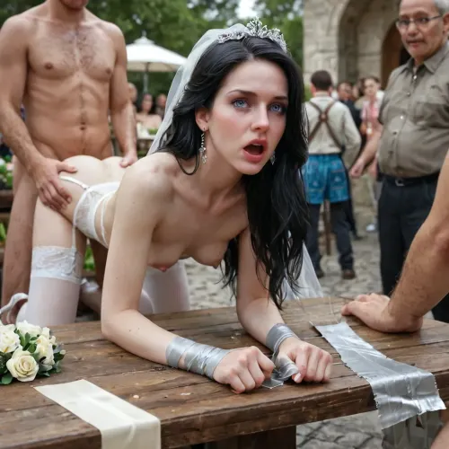 (Yennefer), college woman, ((young woman:1.7), (youthful face:1.3), (petite:1.3), short, slim, slender), (tiny breasts), at wedding party, conservative white wedding dress, garter belt and sheer white stockings, white high heels, (hands tied with duct tape:1.3), wedding bouquet, surprised, open mouth, (bend over table), (anal fucked by old dirty homeless man), huge cock, (3rd person), anal sex, (doggy style anal sex), rough anal sex, very deep anal penetration, hard fucking, outdoors, wedding guests watching, crowd, late afternoon, (torn and ripped clothes), detailed face, detailed hair, detailed body, detailed skin, detailed breasts, detailed very tight hairy pussy, (High, Resolution), (More, Details), (8K)