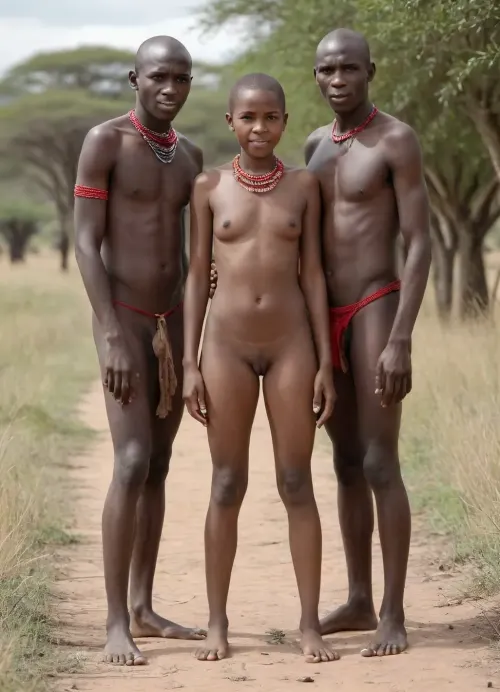 A scene in the African savannah. A young African girl and two Masai men. They are all naked. The girl stands between them, legs apart, in full sunlight. She vulgarly thrusts her hips forward, revealing her hairy pussy., (The girl is completely naked), (small pussy visible), (pubic hair visible), (clitoris visible), ., (She holds the two Masai men's long penises in her hands), . She looks at the camera with a gentle smile, (hairy pussy)