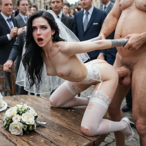 (Yennefer), college woman, ((young woman:1.7), (youthful face:1.3), (petite:1.3), short, slim, slender), (tiny breasts), at wedding party, conservative white wedding dress, garter belt and sheer white stockings, white high heels, (hands tied with duct tape:1.3), wedding bouquet, surprised, open mouth, (bend over table), (anal fucked by old dirty homeless man), huge cock, (3rd person), anal sex, (doggy style anal sex), rough anal sex, very deep anal penetration, hard fucking, outdoors, wedding guests watching, crowd, late afternoon, (torn and ripped clothes), detailed face, detailed hair, detailed body, detailed skin, detailed breasts, detailed very tight hairy pussy, (High, Resolution), (More, Details), (8K)