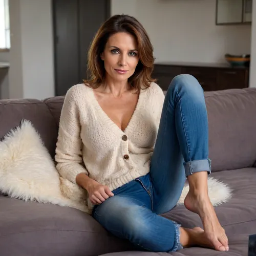 beautiful sexy 50 year old woman with brown eyes and honey brown hair. posing on the couch in a fluffy sweater she is removing to reveal her full breasts and erect nipples. she is barefoot with perfect feet and toes wearing tight blue jeans. full length photo
